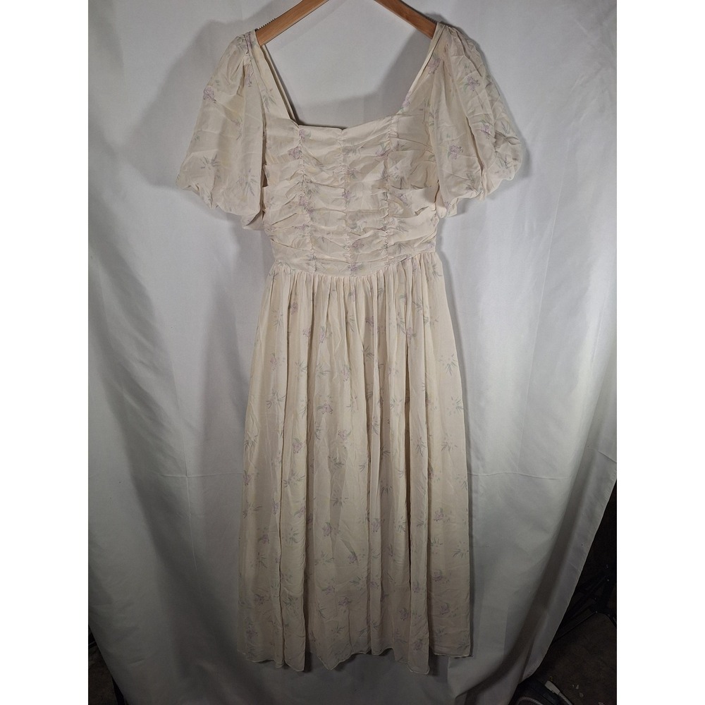 SHEIN Women Cream Floral Ruched‎ Puff Sleeve Smocked Back Midi Dress Small S 4